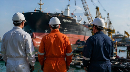 Maritime workers in hard hats inspecting a large black tanker hull on the dock
