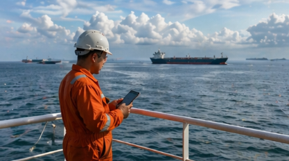 Seafarer in orange workwear and a white hard hat on deck, holding a tablet and watching another vessel