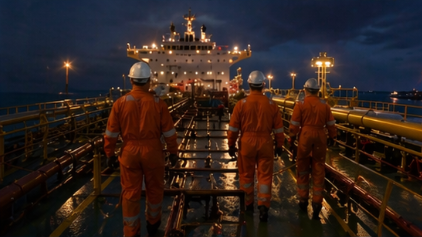 Tanker crew in orange coveralls on deck at night with a brightly lit ship’s superstructure