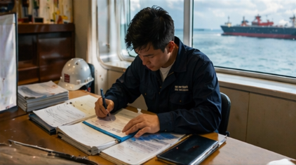 Ship’s officer in dark blue uniform at a desk writing in a logbook in a ship’s cabin