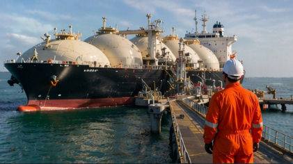 Liquefied natural gas carrier moored in port, showing large white spherical storage tanks