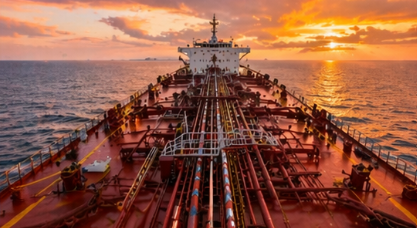 Sunset view along a tanker ship’s deck, showing long pipelines and walkways from bow to superstructure