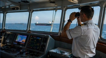 Officer on the ship’s bridge looking through binoculars at a distant ship; navigation consoles in the foreground
