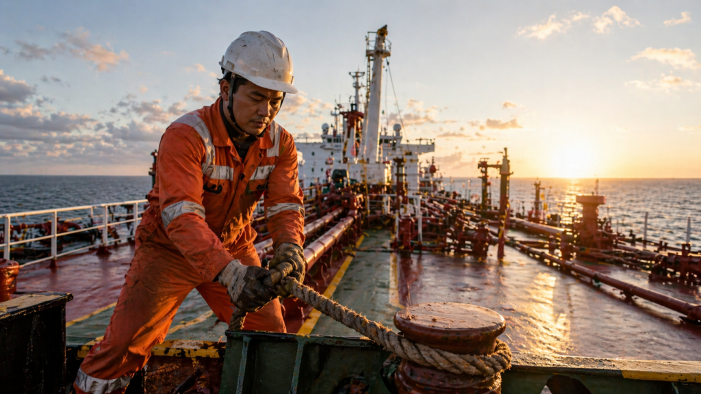 Seafarer in orange workwear and a white hard hat on deck, holding a tablet and watching another vessel