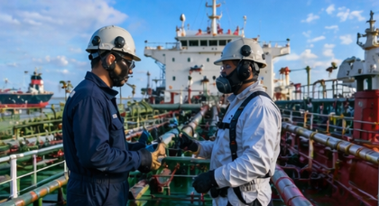 Two seafarers in hard hats and protective workwear talking on deck next to shipboard equipment