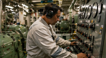 Marine engineer in earmuffs at work in the ship’s engine room near machinery and controls